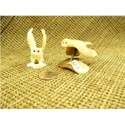 Lot of 2: ivory owl 2.25" and fossilized ivory owl mounted on fossilized ivory bark with red stone e