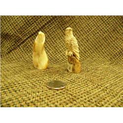 Lot of 2: Fossilized ivory eagle on fossilized walrus tooth by L.i.j.w. 2.75" tall and fossilized iv