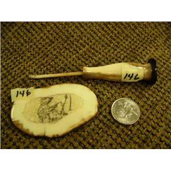 Lot of 2: Scrimshawed fossilized ivory with Eskimo man ice fishing by Arnie Iyakitan and fossilized 