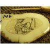 Image 2 : Lot of 2: Scrimshawed fossilized ivory with Eskimo man ice fishing by Arnie Iyakitan and fossilized 