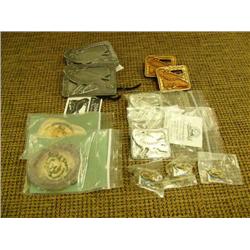 Year 2000 Fur Rondy memorabilia: 2 pewter pins, 2 belt buckle, 2 beardless beaver pin, 2 wood laser 