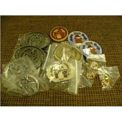 2001 Fur Rondy Memorabilia - 2 pewter belt buckles, 1 laser pin, 2 pewter pins, 2 numbered moose hor