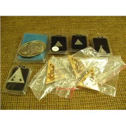 1994 Fur Rondy Memorabilia - 3 laser wood pins, 2 pewter tie tacks, 1 pewter charm, 1 pewter bolo ti