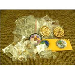 1996 Fur Rondy Memorabilia - 2 wood laser pins, 2 numbered collector's pin 928 and 920, 5 pewter bel