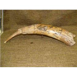 21" Mammoth ivory bark scrimshawed by Ralph M . Kowchee of Eskimo hunter harpooning a whale, bear an