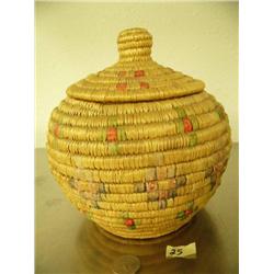 8.5" Yup-ik basket decorated with dyed seal gut circa 1950 (3)