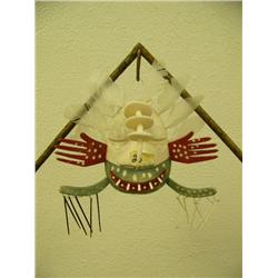 Amazing shaman's seal mask by T. Tiulana of ivory, wood and feathers- three ivory disks to represent