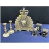 Image 1 : RCMP Crested Brass Plaque, Brass Candlesticks plus Collection of Mini Safes