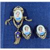 Image 1 : 1940'w Victorian Revival Hand Painted Limoge Brooch Pendant and Earring Set (some pearls missing)