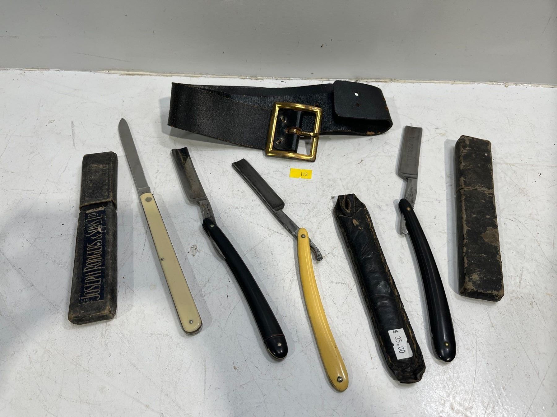 Collection of Anique Straight Razors & Leather Strip - Beck Auctions Inc.