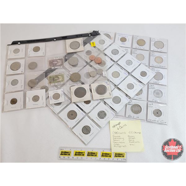 Foreign Coin / Stamp Collection (58 Coins & 2 Stamps) : - Incl. France, Germany, Spain, Denmark, Cub