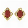 Image 1 : 18k Gold GIA Cert. Oval Cabochon Coral & Round Diamond Omega or Clip On Earrings