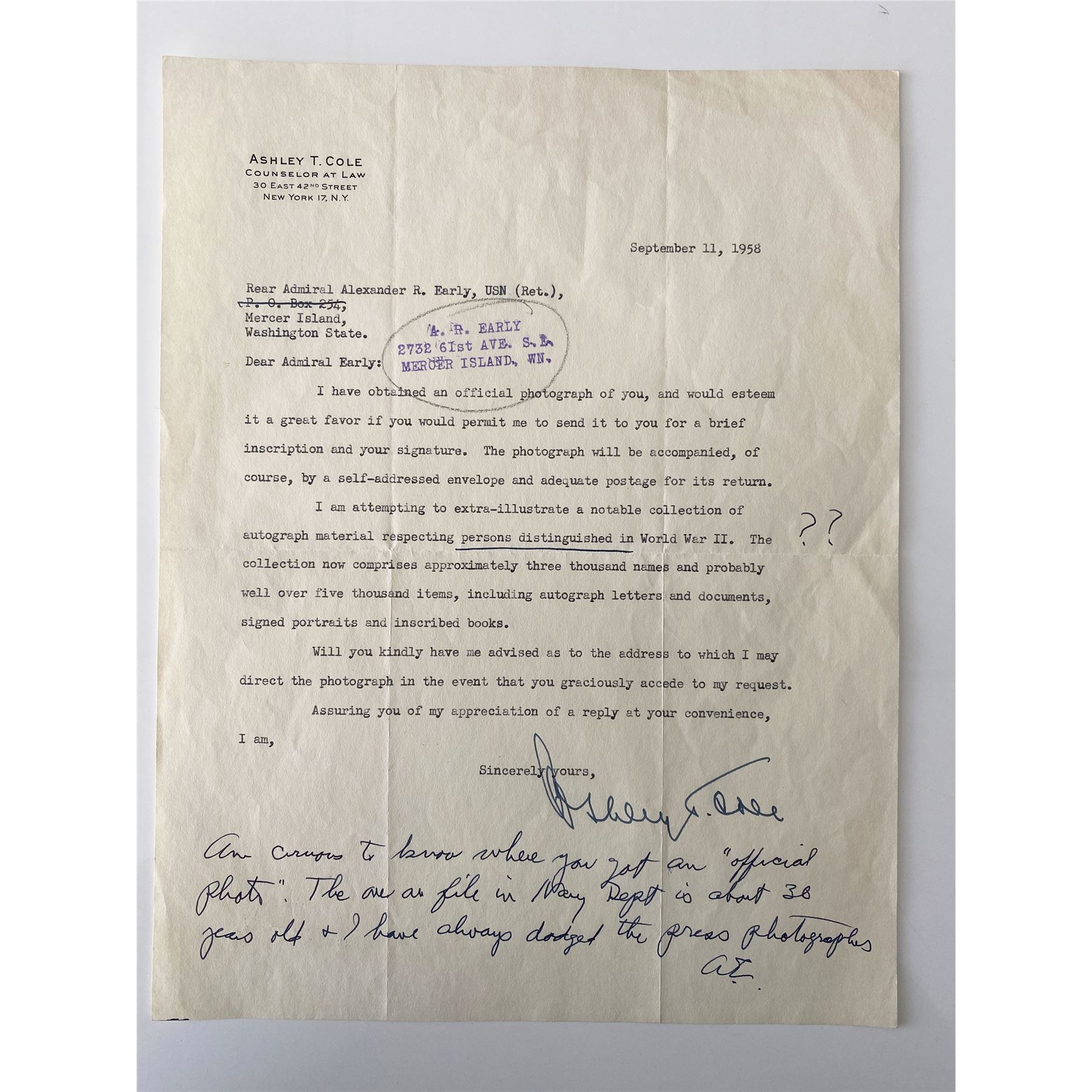 U.S. Navy Rear Admiral Alexander Early signed letter
