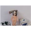 Image 4 : Lot of: (2) Daily Mail Tobacco Tins, (2) Trays, Cast Iron Hook, Doll
