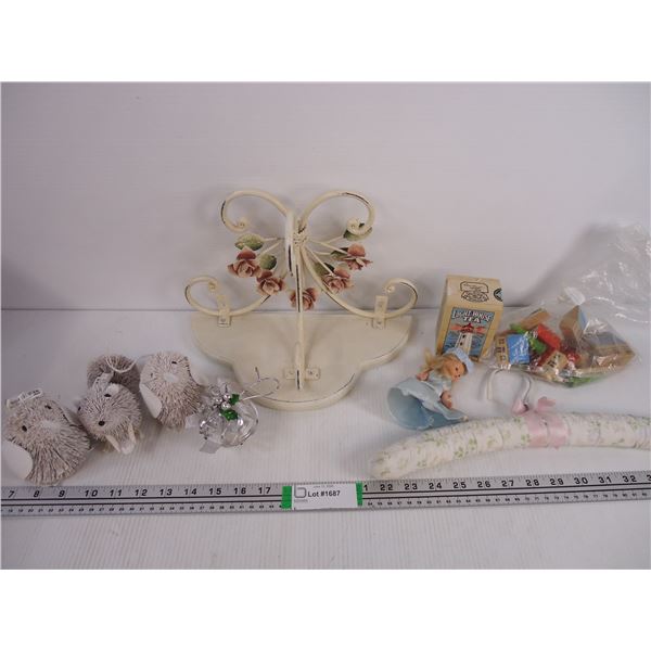 Cast Iron Shelf,(4) Ornaments, Hanger, Wood Blocks, Doll, Tea Container