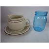 Image 3 : (2) Teapots(one is missing lid) ,Gravy Boat, Mason Jar Glass, Soup Bowl, Ornament