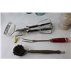 Image 4 : Glass (greens & blue) & Ceramic Insulators (CPR) - Potato Ricer - Hand Mixer - Wire Brush - Fork