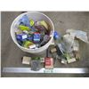 Image 1 : Pail Of Misc. Shop Items -  Plumbing Fittings, Rivets, Nails, Electrical Splitter, Screws, Grill Fas