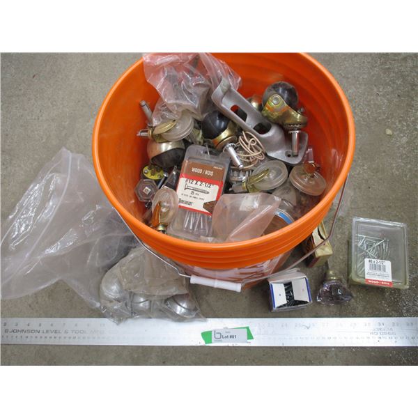 Pail Of Misc. Shop Items - Casters, Staples, Bolts, Self Tapping Screws, Springs etc.