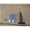 Image 2 : Vintage Wooden Chalk Compass, Walking Stick, Cobblers Shoe Form, Texaco Badge & Restroom Key Tags