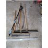 Image 1 : Shop Push Broom, Sickle Blade, Wash Wand 1" Dowel, Broom Handle, Shop Squeegee & Pitch Fork