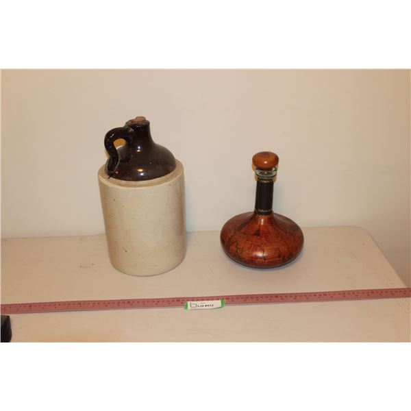Vintage Stoneware Jug & Leather Covered Alcohol Decanter - Made in Italy