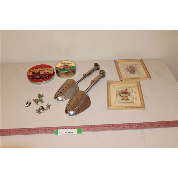 (2) Vintage Tins, Shoe Stretchers, Custom Jewelry & (2) Pictures (5.5"x6.5")