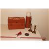 Image 1 : Vintage Thermos Lunch Kit w/Bottle, (2) Brass Candle Sticks, Hawaii Ashtray, Banff Lapel Pin & Mini 