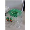 Image 2 : Green Glass Dessert Tray w/Handle, (3) Serving Plates, (1) Serving Bowl, Salt & Pepper Shakers, (4) 