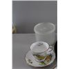 Image 2 : (2) Tupperware Containers, (2) Teacup Sets (Royal Osborne) & Extra Plate, Serving Tray, Brass Salt &