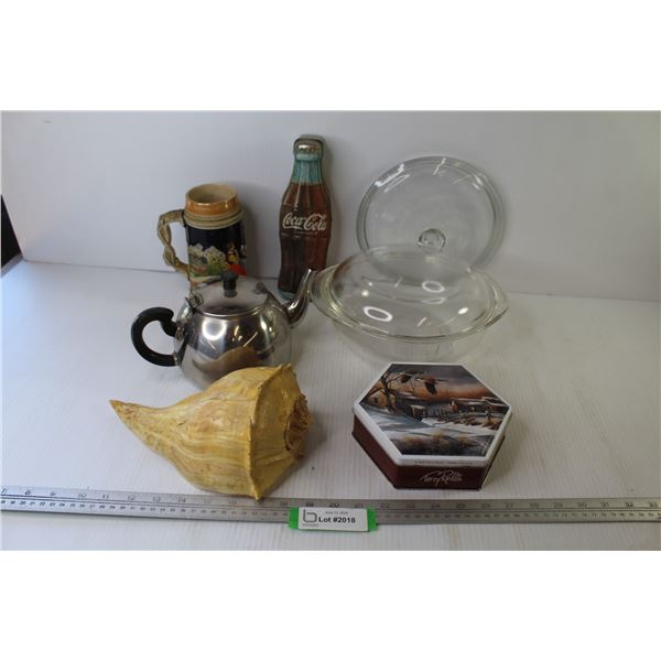 Pyrex Glass Bowl - Conch Shell - Coca-Cola Tin - Metal Teapot - German Beer Stein - Tin - Glass Lid