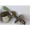 Image 7 : (2) Vintage Flour Sifters - Vogue Tin w/6" Square Spikes - Hand Beater - Dust Pan - Bottle Opener- G