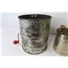 Image 9 : (2) Vintage Flour Sifters - Vogue Tin w/6" Square Spikes - Hand Beater - Dust Pan - Bottle Opener- G