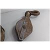 Image 3 : (2) Vintage Barn Block & Tackle Pulleys: 1 Has Wood Pulley Wheel