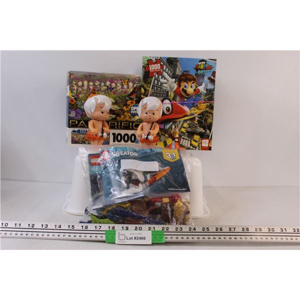 (7) Misc. Lot: Puzzles; 2 - Bambam Flintstones Figurines; Bag of Loose Legos & Booklets