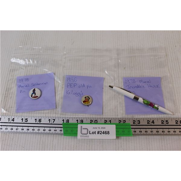 (3) Lot of: 1970's Spiderman Mini Pin; 1940's Kellogg "PEPP" Pin; HULK 1970's Pen