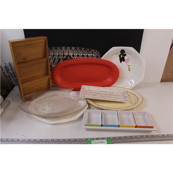 (10+) Lot of Misc. Sized Serving Platters in Blue Storage Bin - No Lid