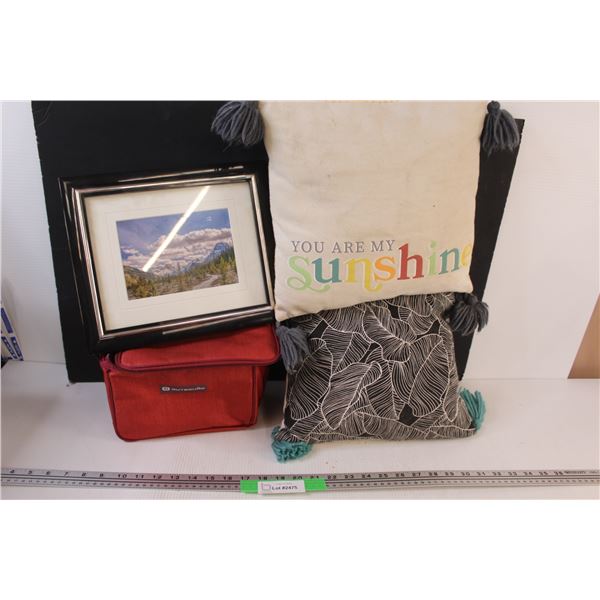 (4) Misc. Lot: 2 - Throw Pillows; Insulated Lunch Bag; Framed Photo