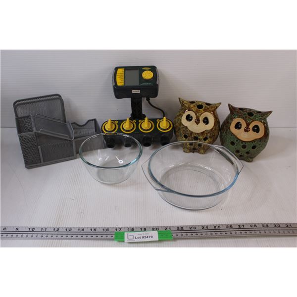 (7+) Misc. Lot: 2 - Ceramic Owl Planters; Computer Desk Caddies; Glass Dishes