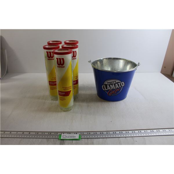 (4) Containers Wilson Tennis Balls, Mott's Clamato Bucket