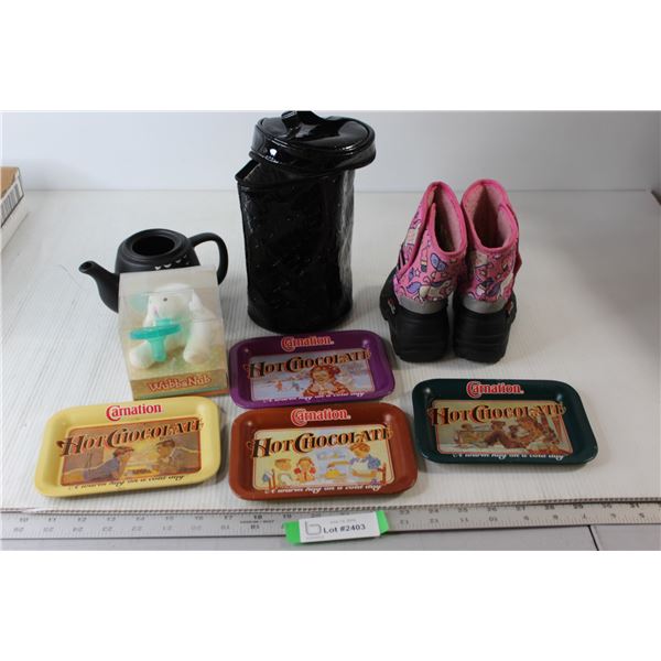 Kids Winter Boots - Size 6, (4) Carnation Hot Chocolate Trays, Misc.