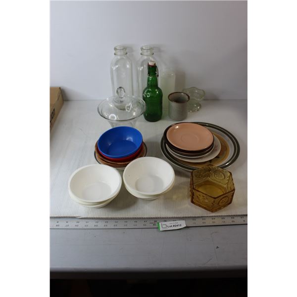 Assorted Bowls, Plates, Glass Bottles, Candy Dish