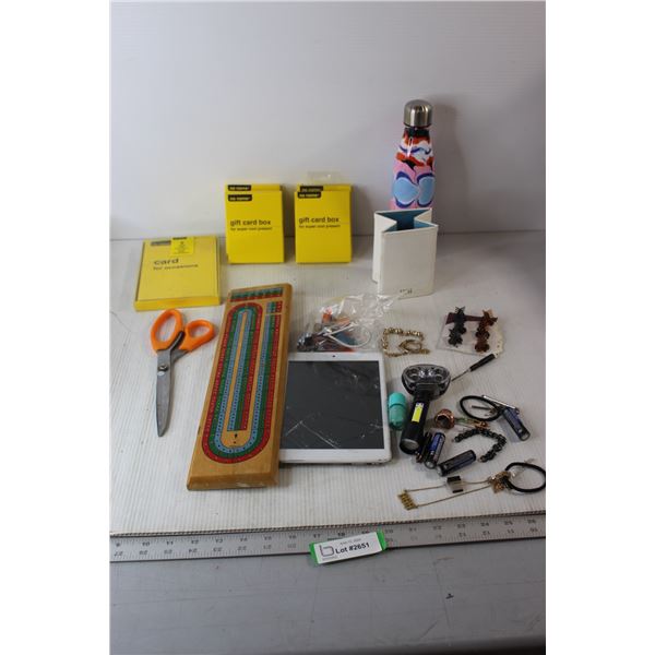 Assorted Card Boxes, Insulated Water Bottle, Cribbage Board, Tablet, Misc.