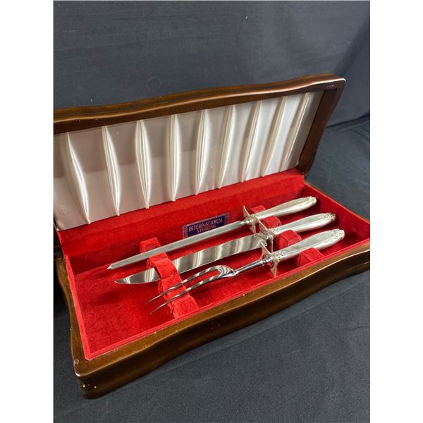 Very Nice Vintage Sterling Silver Handled Carving Set In Wood Box