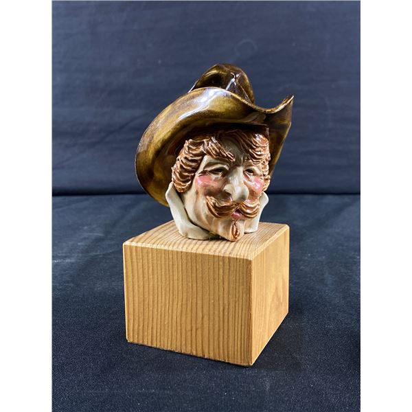 Nicely Detailed Cowboy Bottle Stopper On Wood Block Displayer. Approx. 6" H