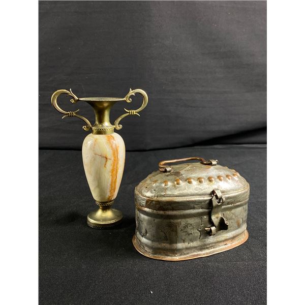 Old Embossed Metal Tin Hinged Box w/ Handle & Latch & 5" H Brass & Stone Vase.