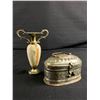 Image 1 : Old Embossed Metal Tin Hinged Box w/ Handle & Latch & 5" H Brass & Stone Vase.