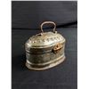 Image 4 : Old Embossed Metal Tin Hinged Box w/ Handle & Latch & 5" H Brass & Stone Vase.