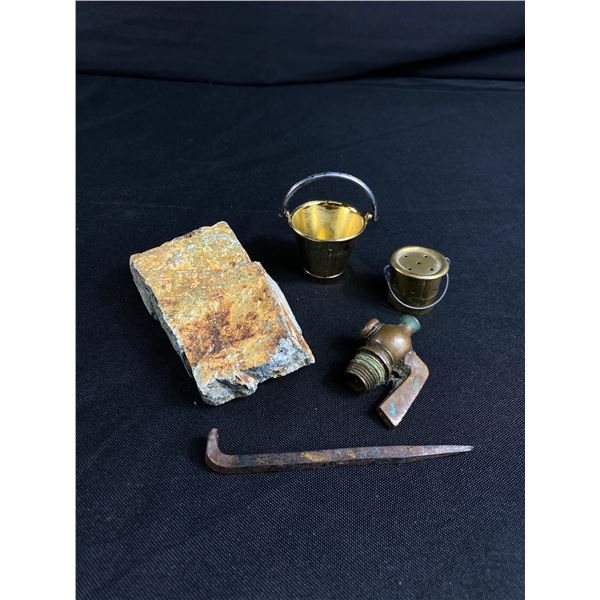 Assortment Of Brass Collectibles & 4" Rock Slab
