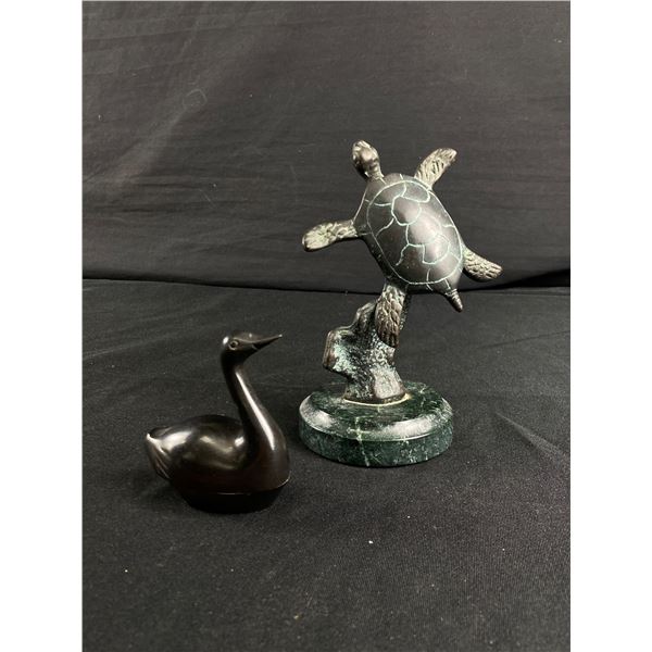 Vintage Bronze Sea Turtle On Granite Base & Metal Duck Trinket Box
